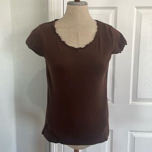 Y2K Harolds top 100% cotton ruffled edges cap sleeves brown V-neck women size XS